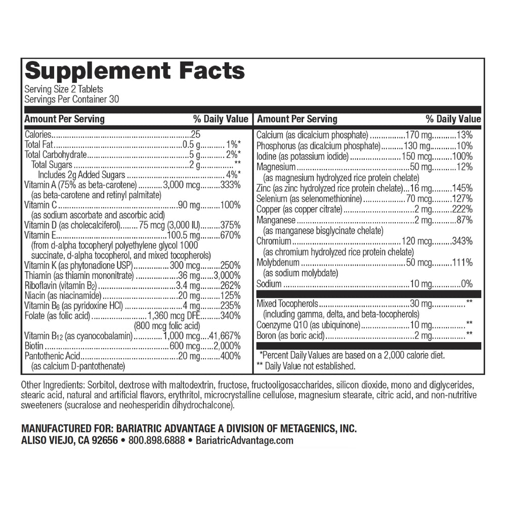 Close-up of Bariatric Advantage bottle showing chewable multivitamin details