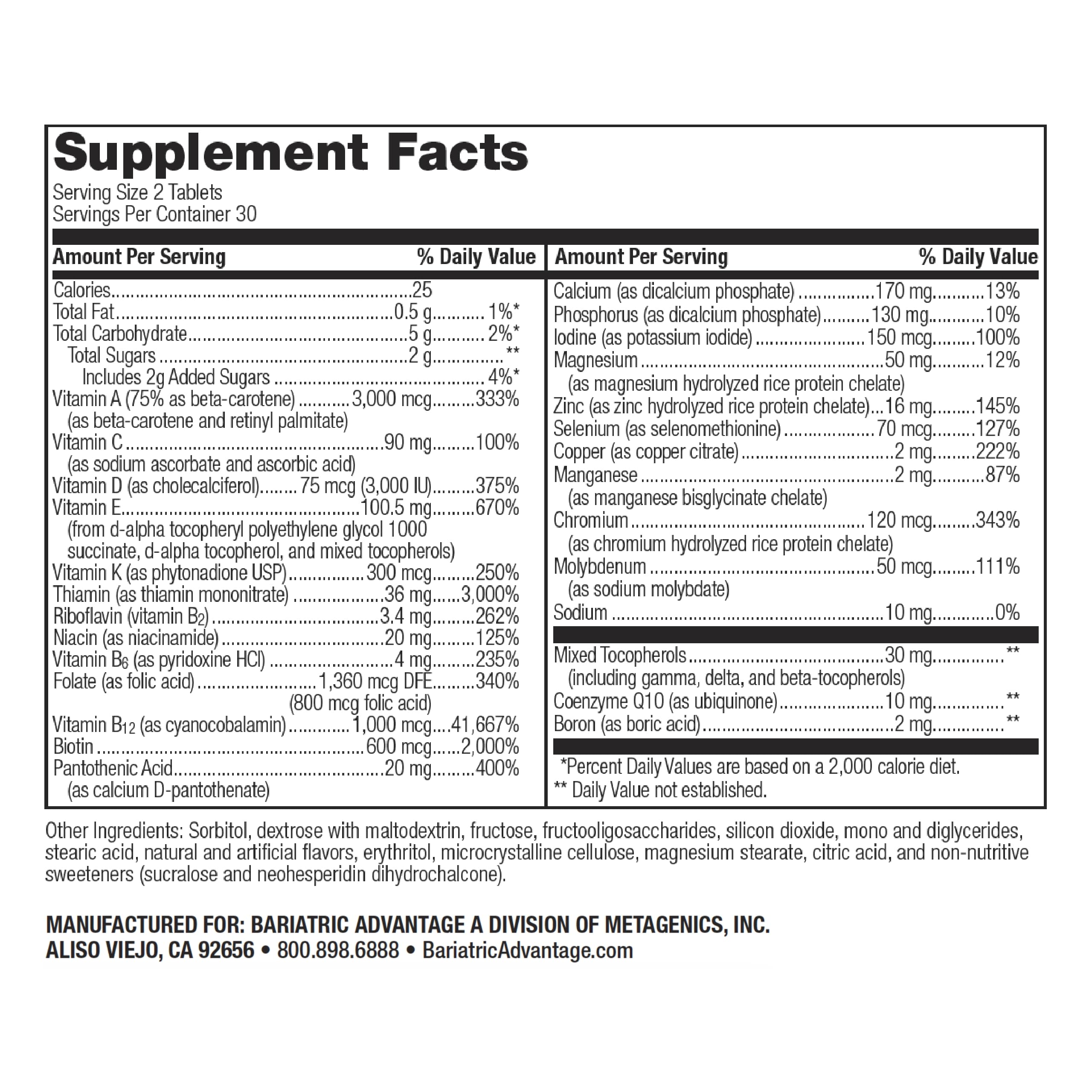 Close-up of Bariatric Advantage chewables highlighting the iron-free high-potency formula.