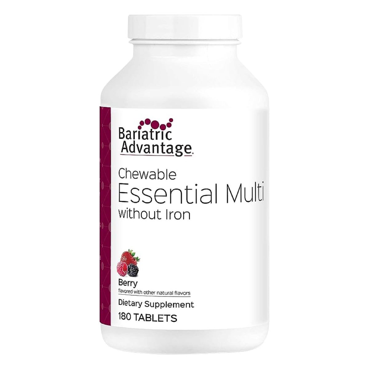 Front view of Bariatric Advantage Chewable Multivitamin Without Iron Berry flavor bottle, 180-count