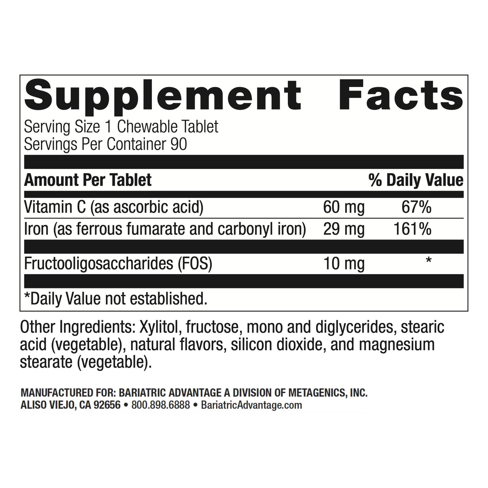Ingredients panel showing 29 mg iron and 60 mg vitamin C per chewable