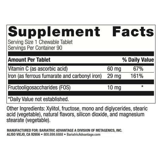 Ingredients panel showing 29 mg iron and 60 mg vitamin C per chewable