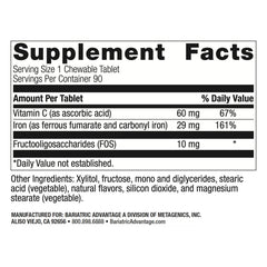 Ingredients panel showing 29 mg iron and 60 mg vitamin C per chewable