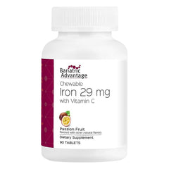 Front view of Bariatric Advantage Chewable Iron 29 mg bottle with Passion Fruit flavor