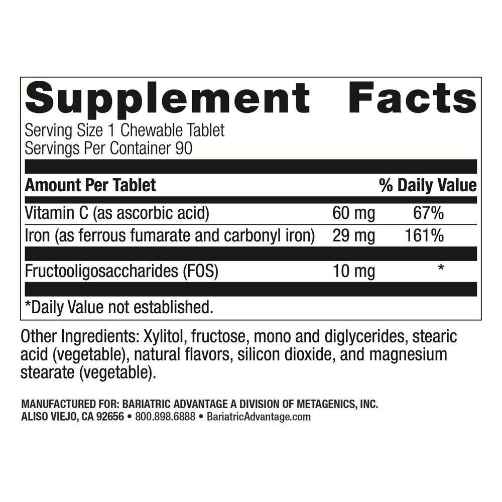 Bariatric Advantage chewable iron 29 mg tablets close-up—tasty passion fruit flavor supports daily iron intake.