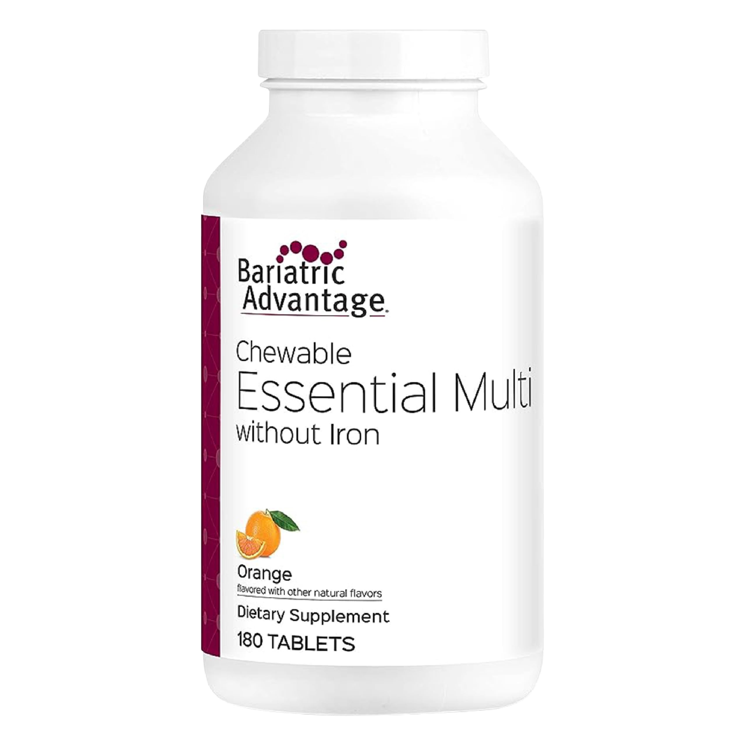 Front view of Bariatric Advantage orange 180-count chewable multivitamin bottle