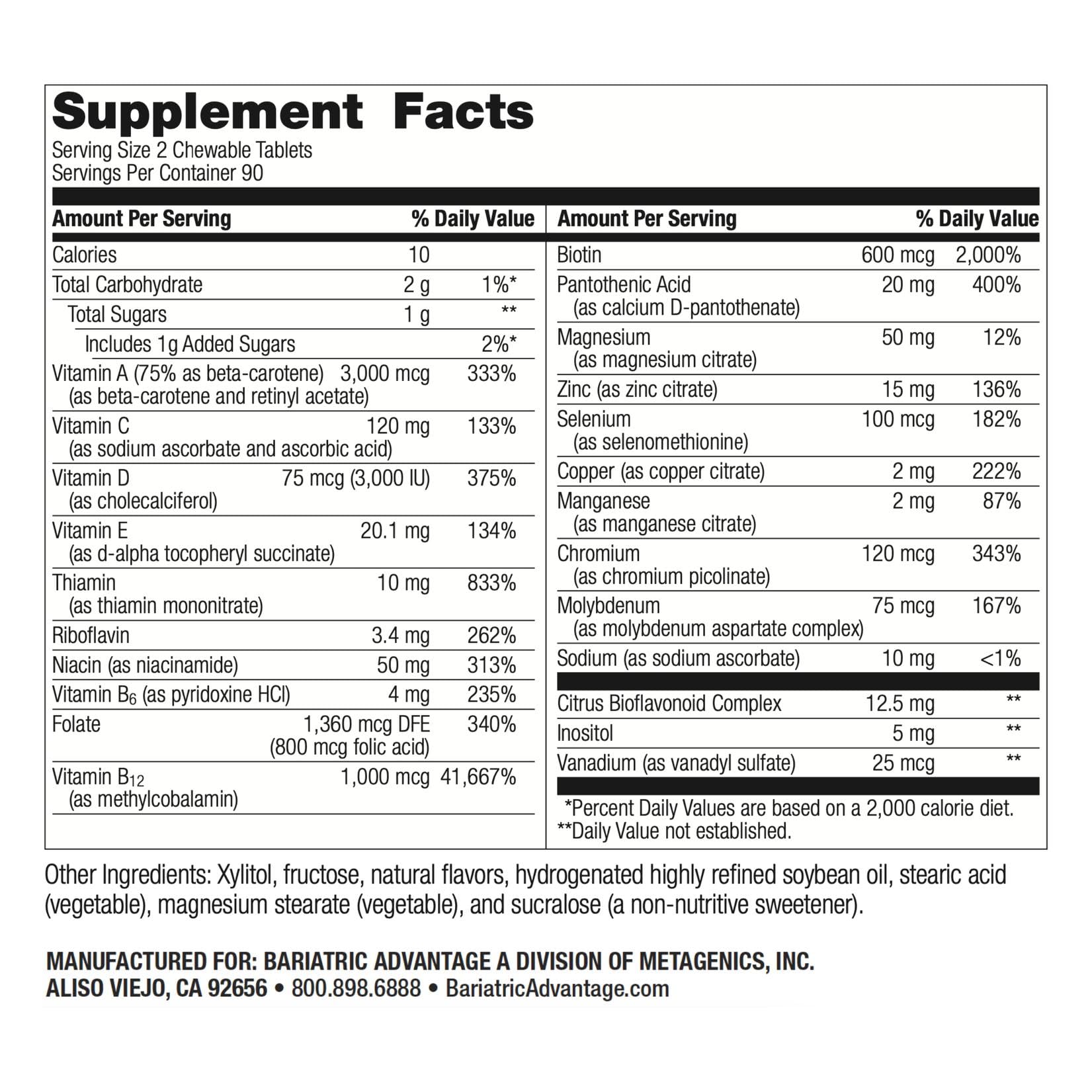 Side view of Bariatric Advantage orange chewable multivitamin bottle