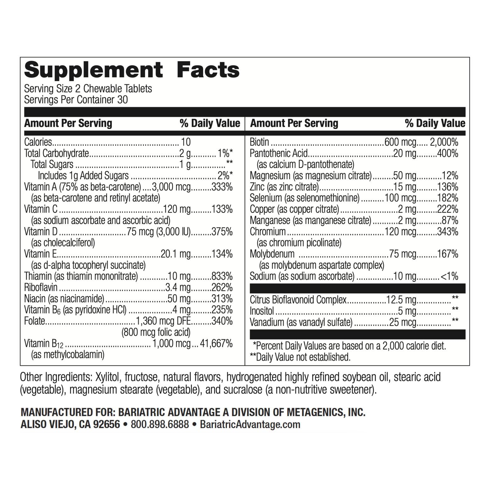 Nutrition facts highlighting 200% DV vitamins A, B1, B12, and D3