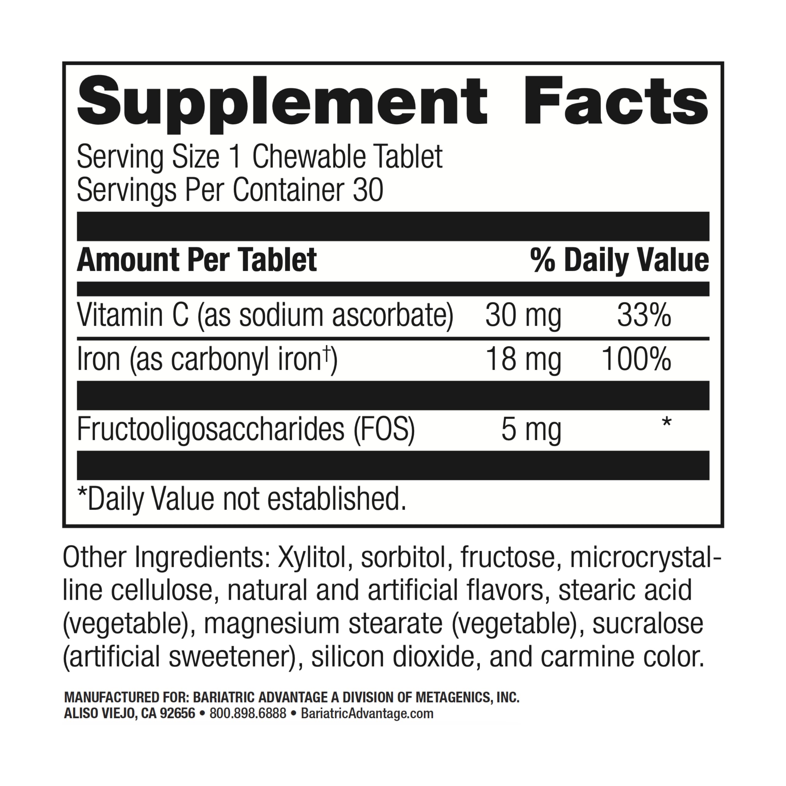 Ingredient panel showing Ferronyl carbonyl iron 18 mg and Vitamin C 60 mg
