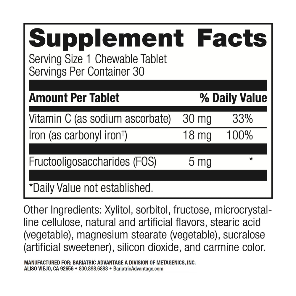 Ingredient panel showing Ferronyl carbonyl iron 18 mg and Vitamin C 60 mg
