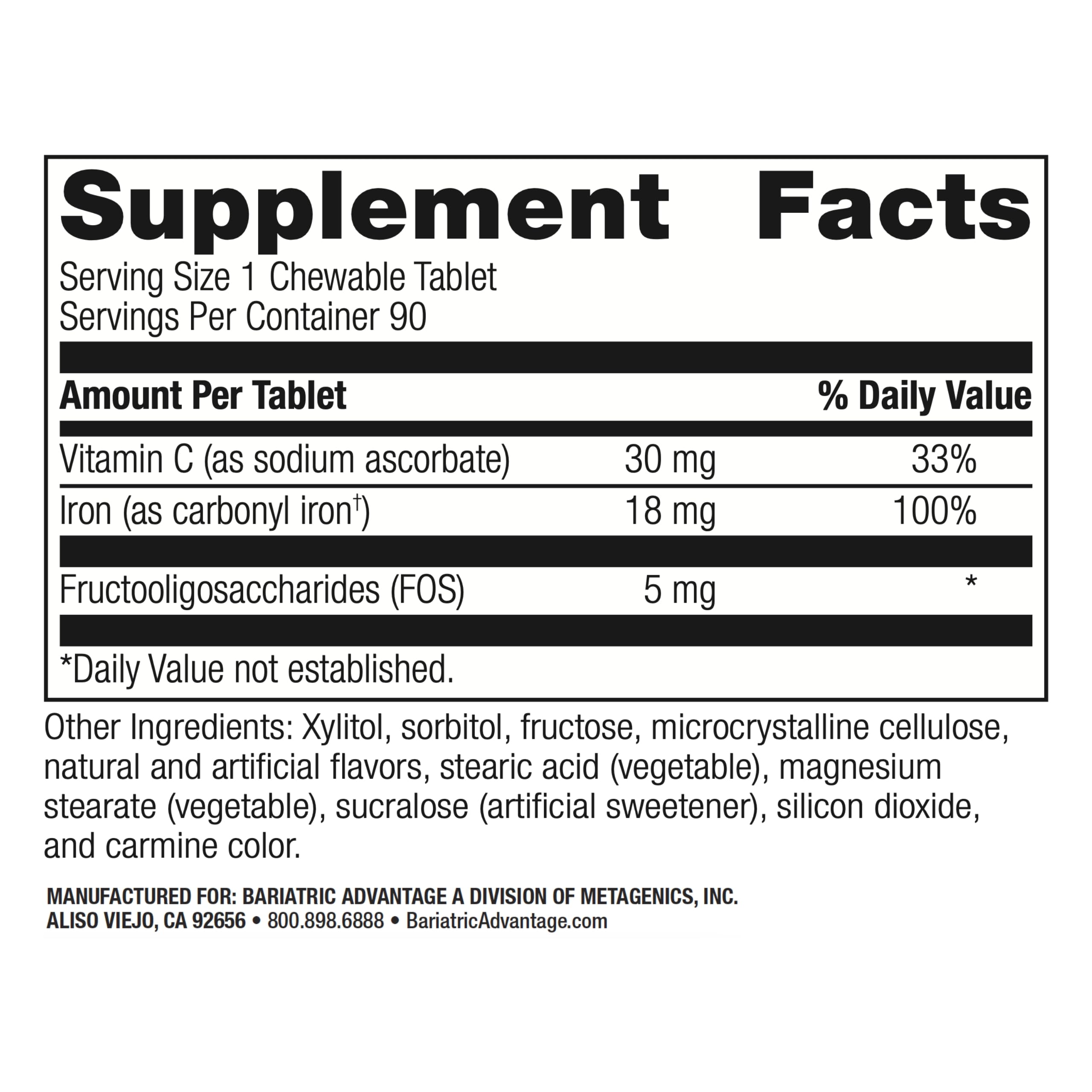 Close-up of label showing 18 mg iron per chewable