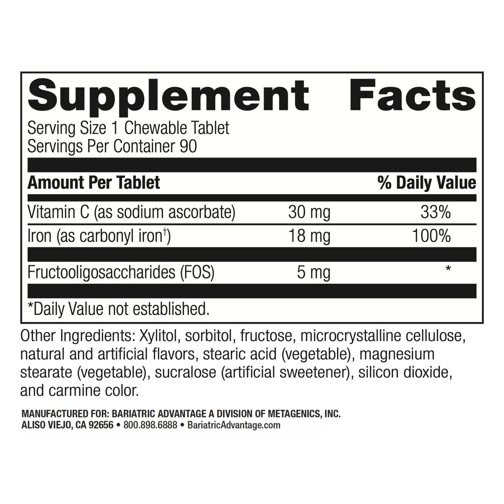 Close-up of label showing 18 mg iron per chewable