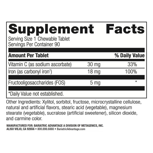 Close-up of label showing 18 mg iron per chewable