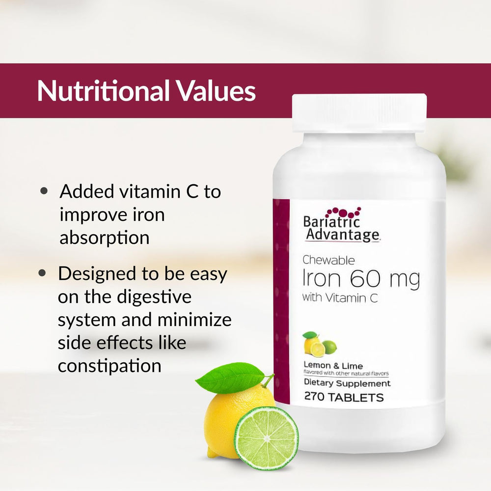 Nutrition facts panel for Bariatric Advantage iron chewable with vitamin C