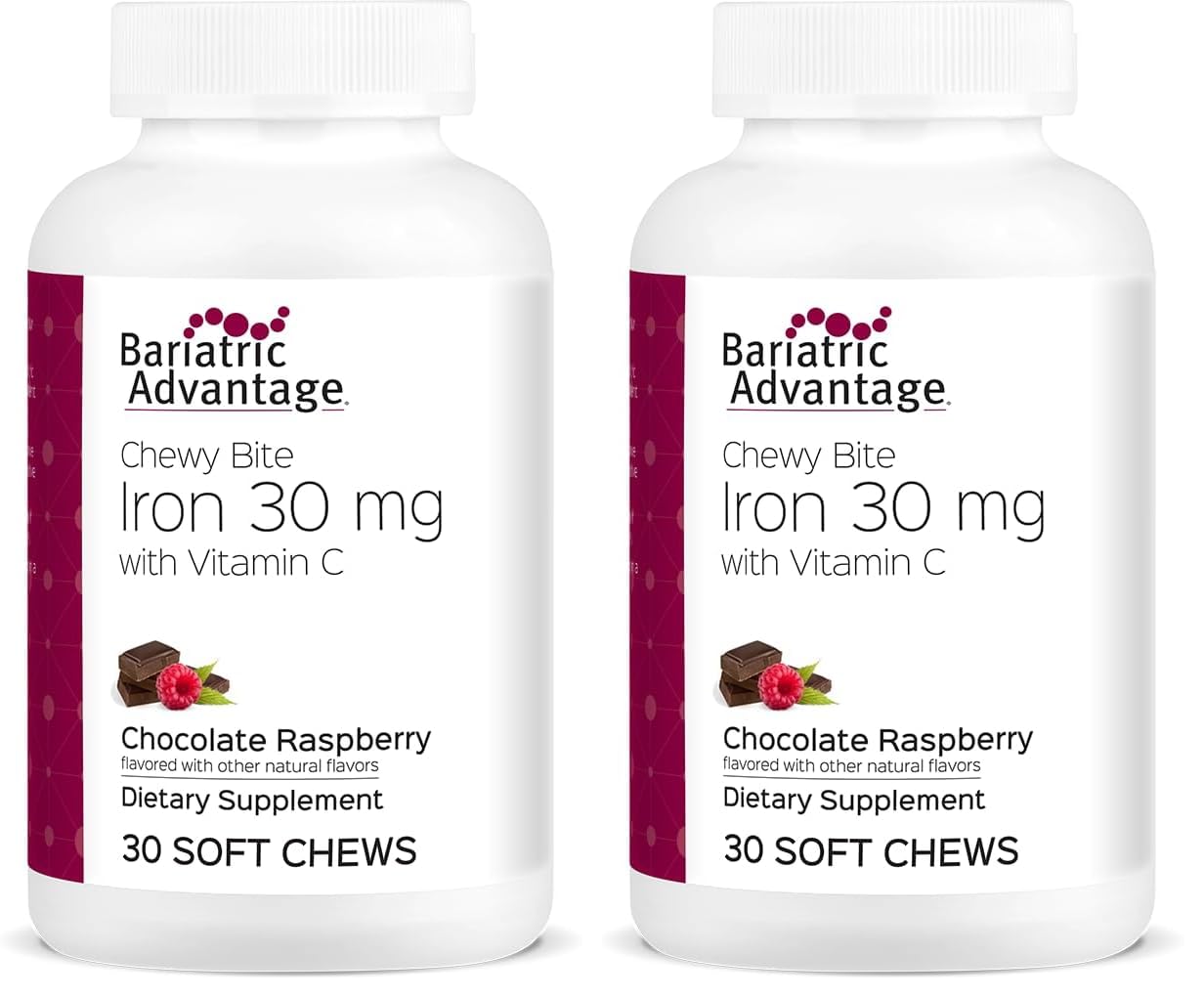 Bariatric Advantage Iron Chewy Bite packaging shows convenient daily use with chocolate raspberry flavor.