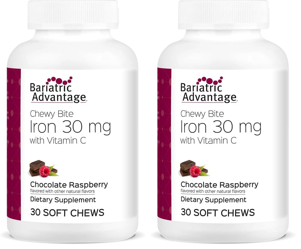 Bariatric Advantage Iron Chewy Bite packaging shows convenient daily use with chocolate raspberry flavor.