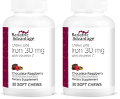Bariatric Advantage Iron Chewy Bite packaging shows convenient daily use with chocolate raspberry flavor.