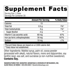 Nutritional facts for Bariatric Advantage Iron Chewy Bite