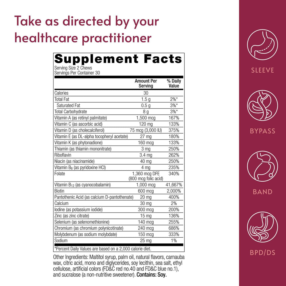 Bariatric Advantage Multi Chewy Bite vitamin A, B12, D3 blend supports daily micronutrient intake.