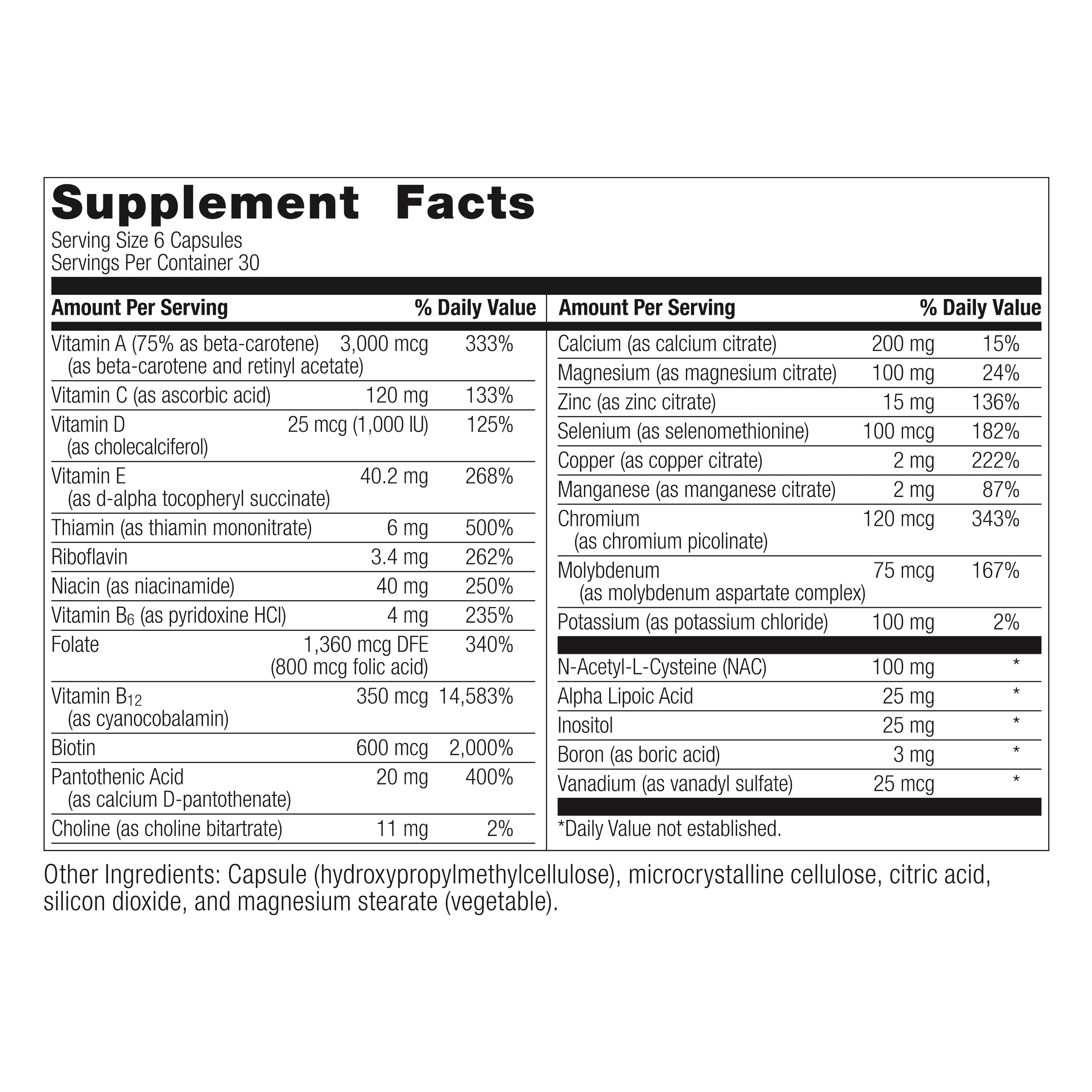 Close-up of product label highlighting 22 essential vitamins