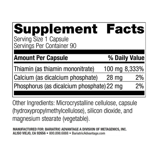 Thiamin capsules close-up showing 100 mg dosage
