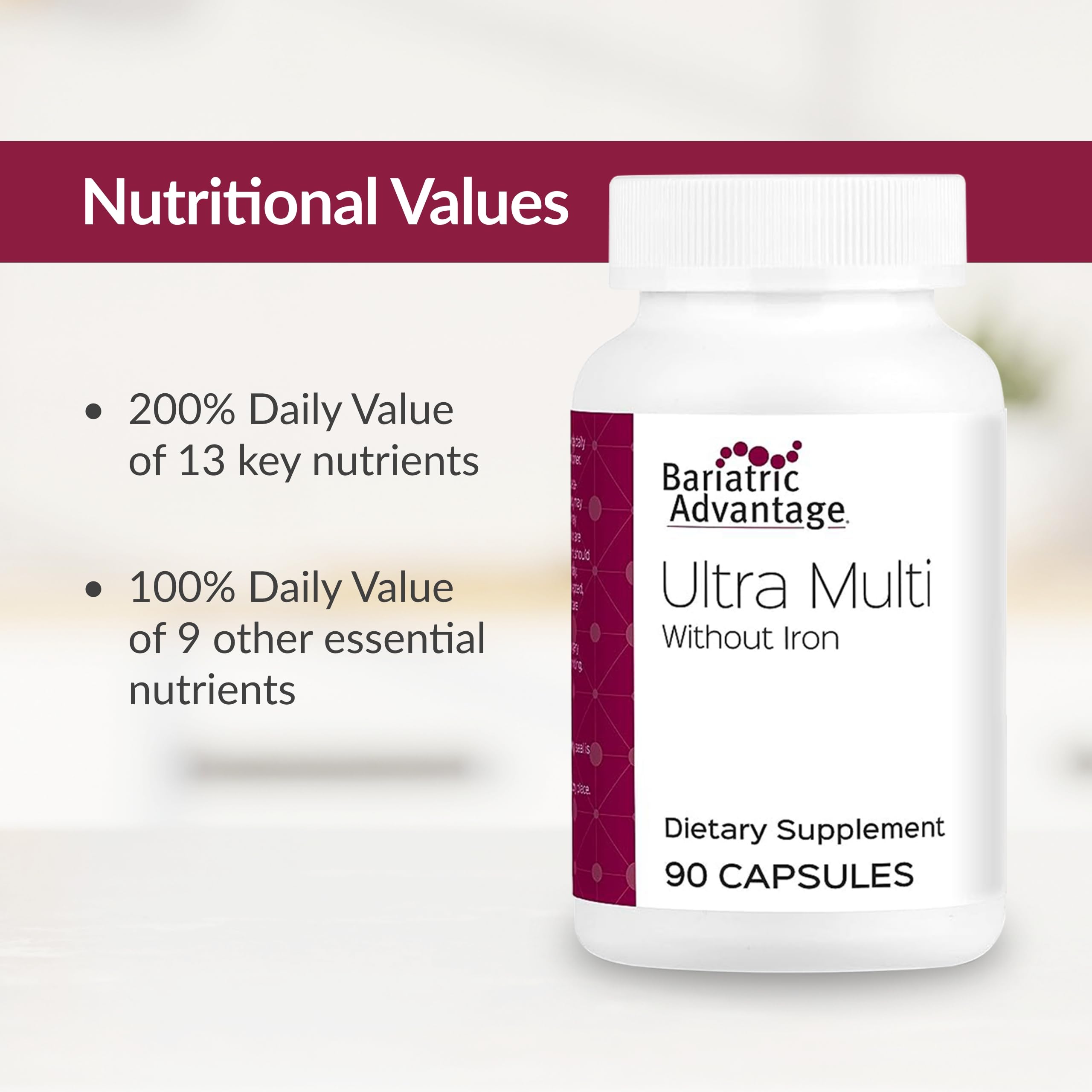 Product label for Bariatric Advantage Ultra Multi Without Iron showing 22 vitamins
