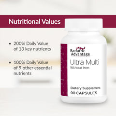 Product label for Bariatric Advantage Ultra Multi Without Iron showing 22 vitamins
