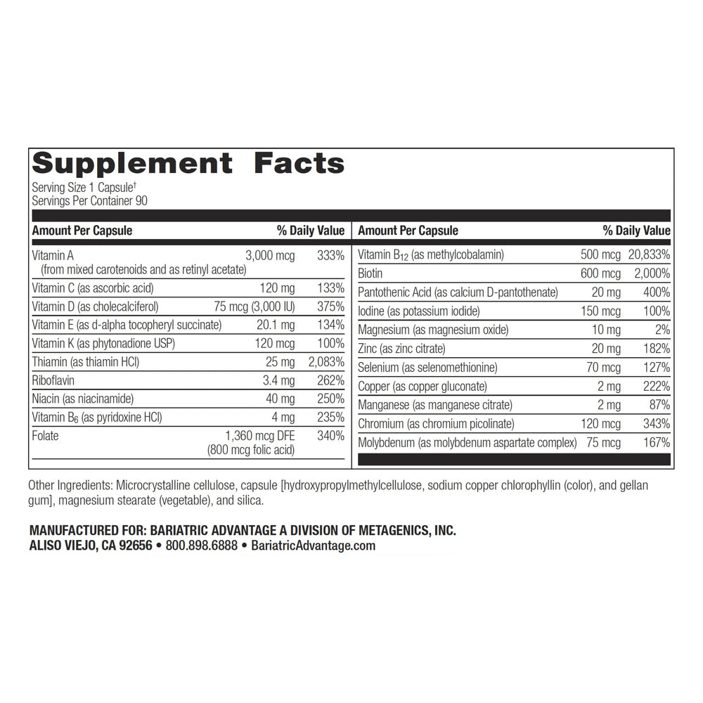 Bariatric Advantage Ultra Solo Without Iron bottle back presents complete vitamin profile for bariatric patients.