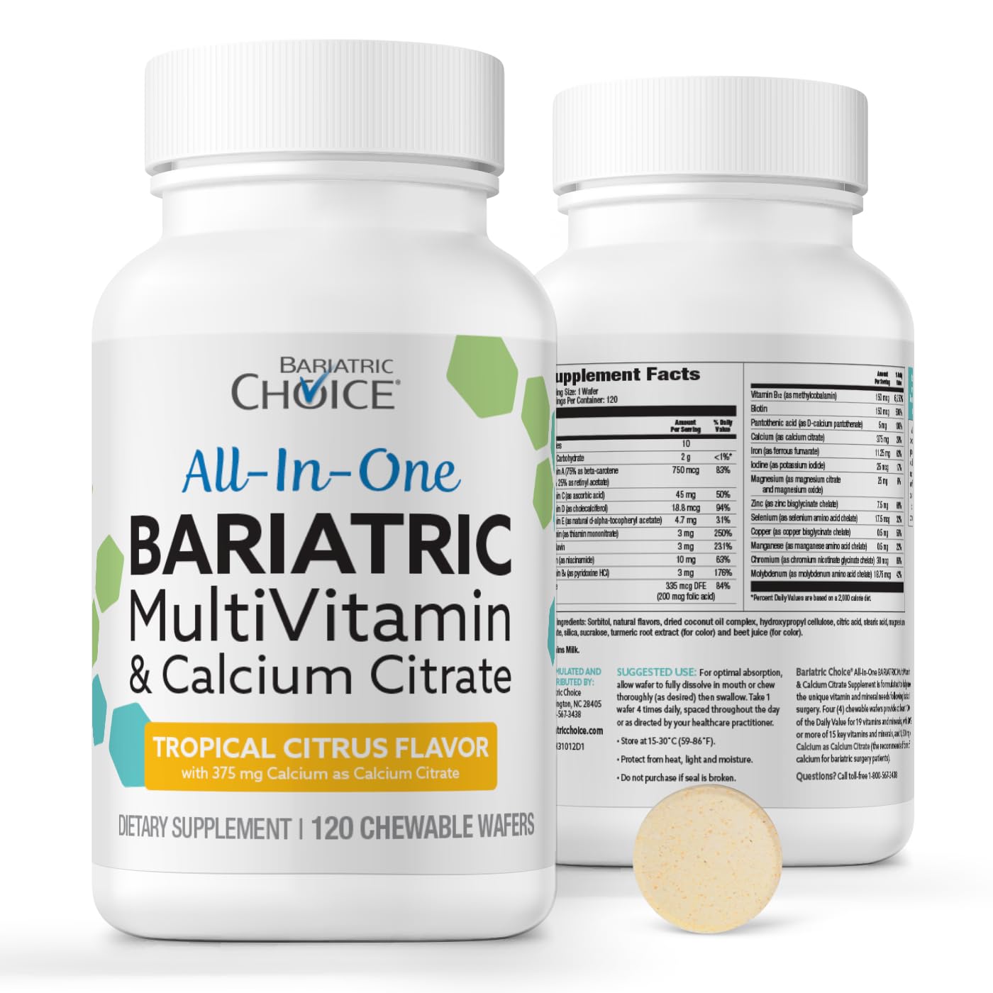 Bottle front of Bariatric Choice All-in-One Chewable Bariatric Multivitamin Tropical Citrus 120ct