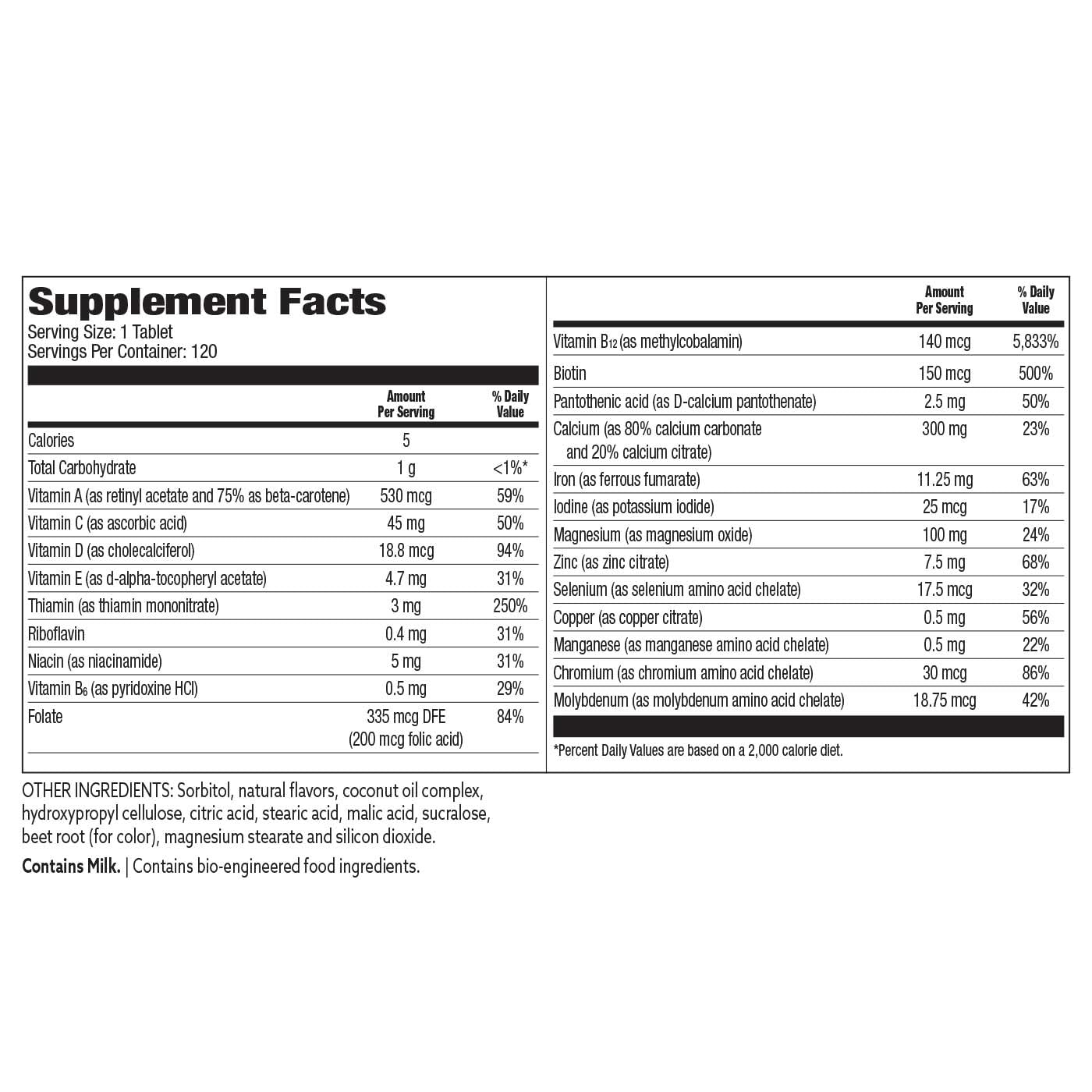 Nutritional facts panel for Bariatric Choice Berry multivitamin