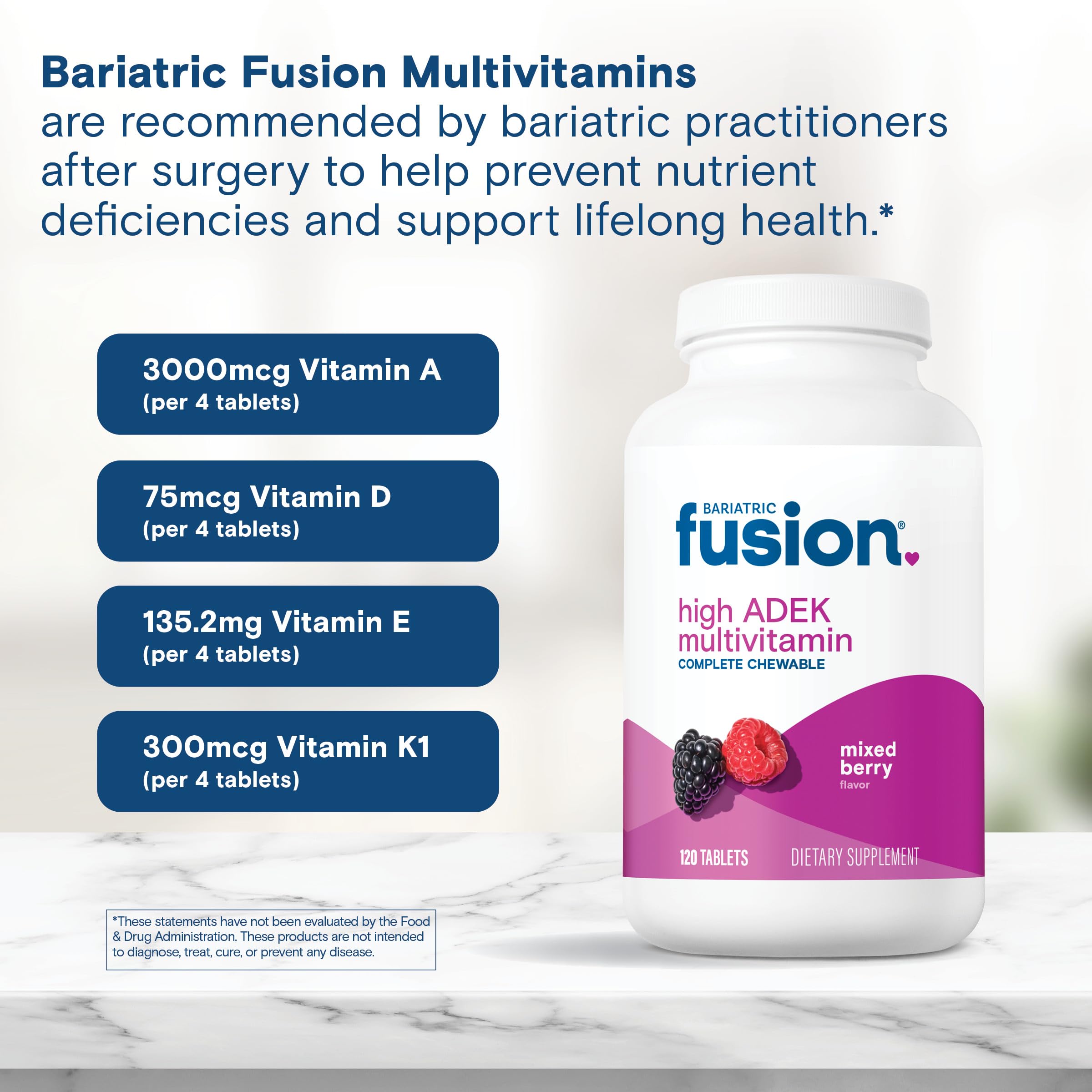 Bariatric Fusion mixed-berry flavored tablet resting beside a glass of water.