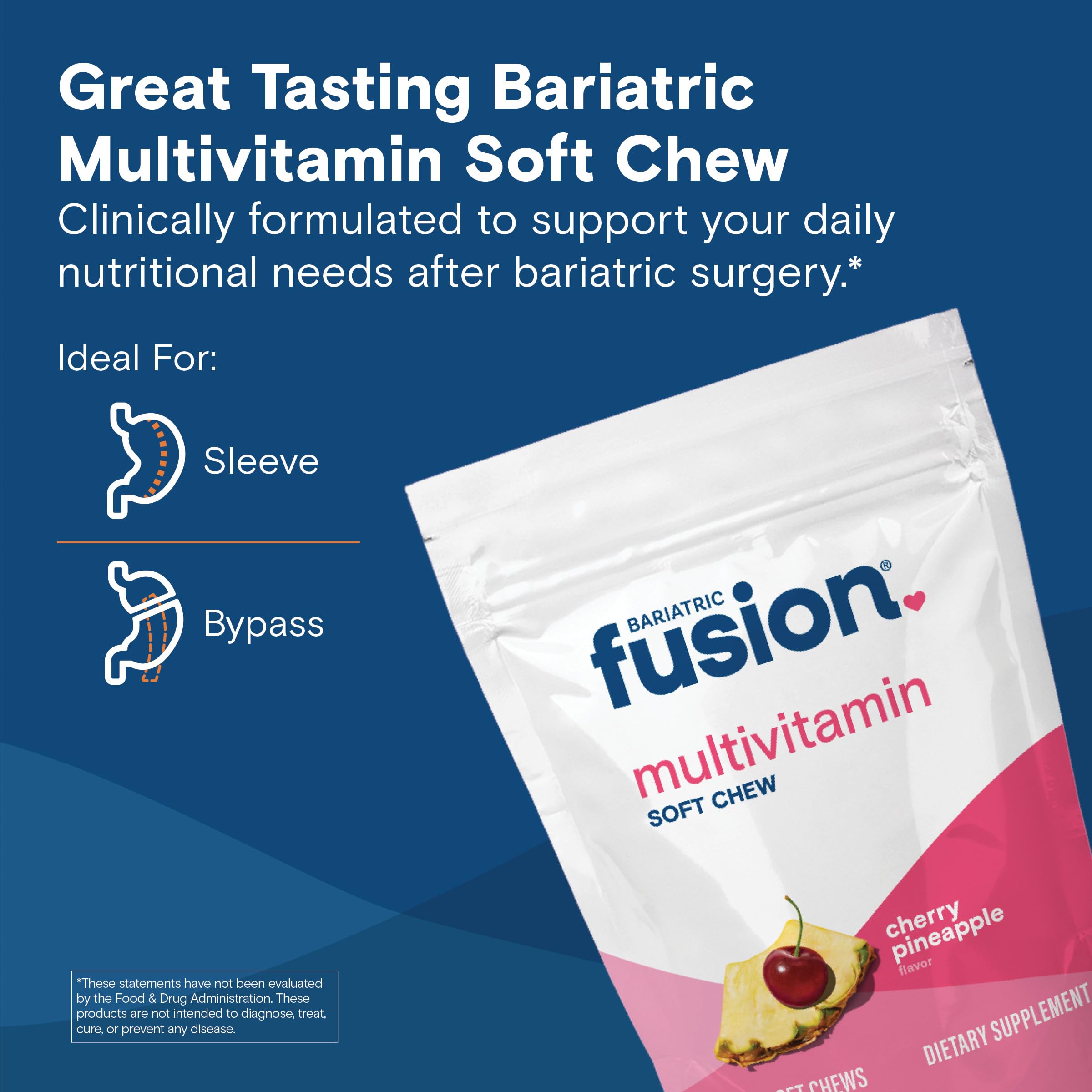 Close-up of Bariatric Fusion Cherry Pineapple soft chew multivitamin bottle