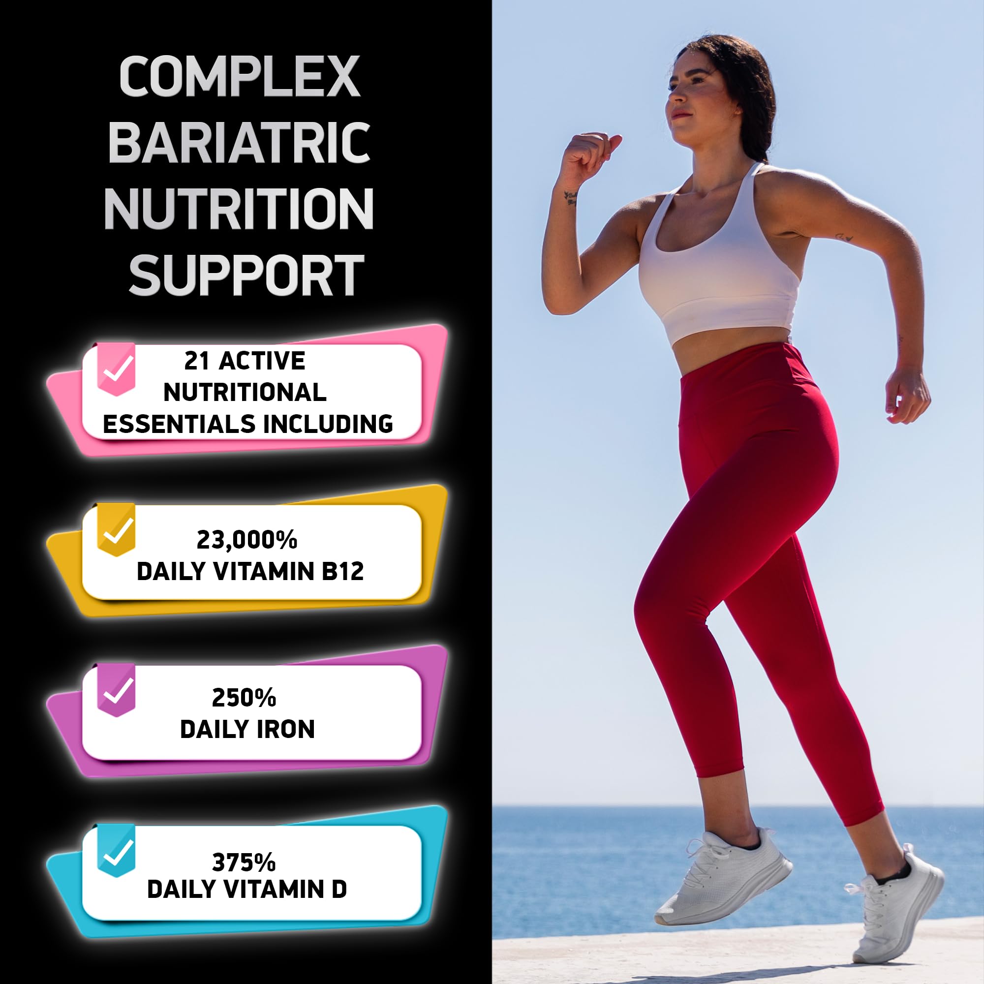 Gluten-free and non-GMO labels on the bariatric vitamin packaging