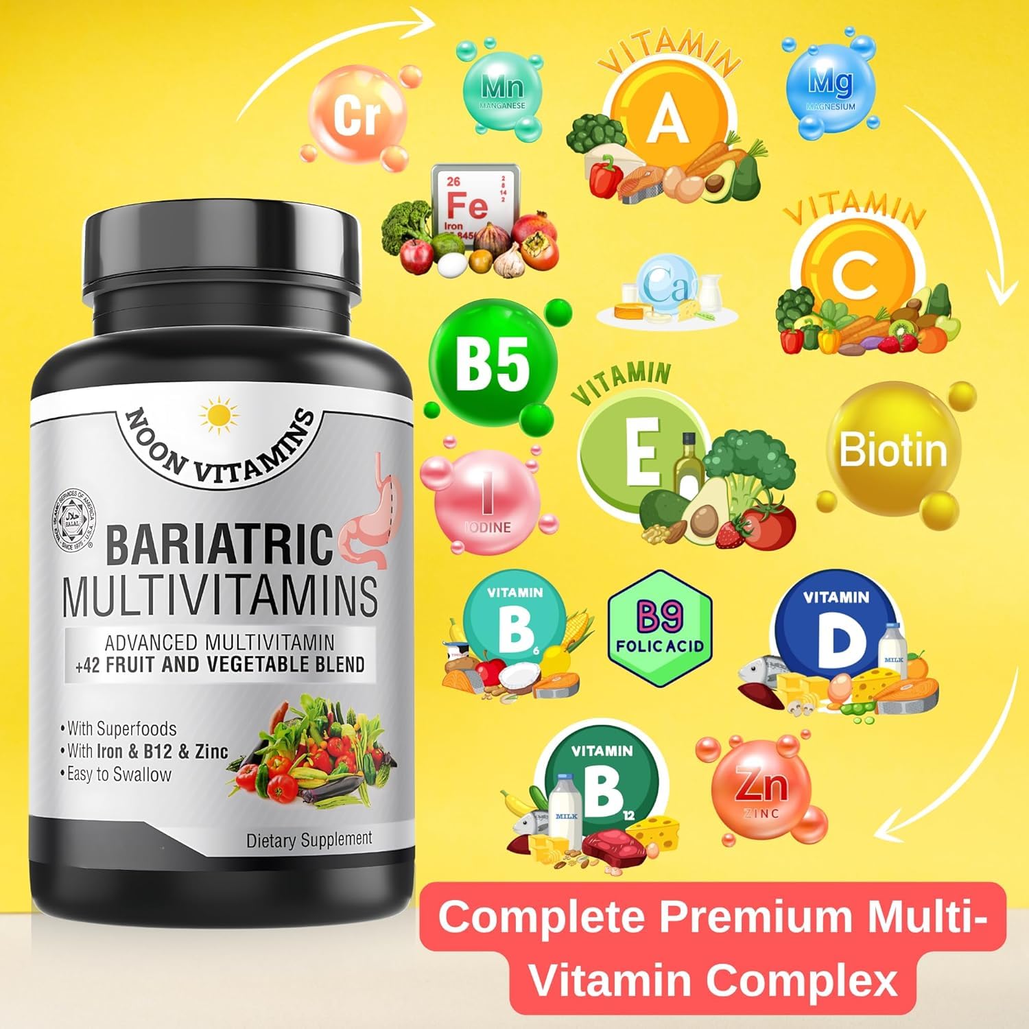 Supplement facts label showing iron and B-vitamins
