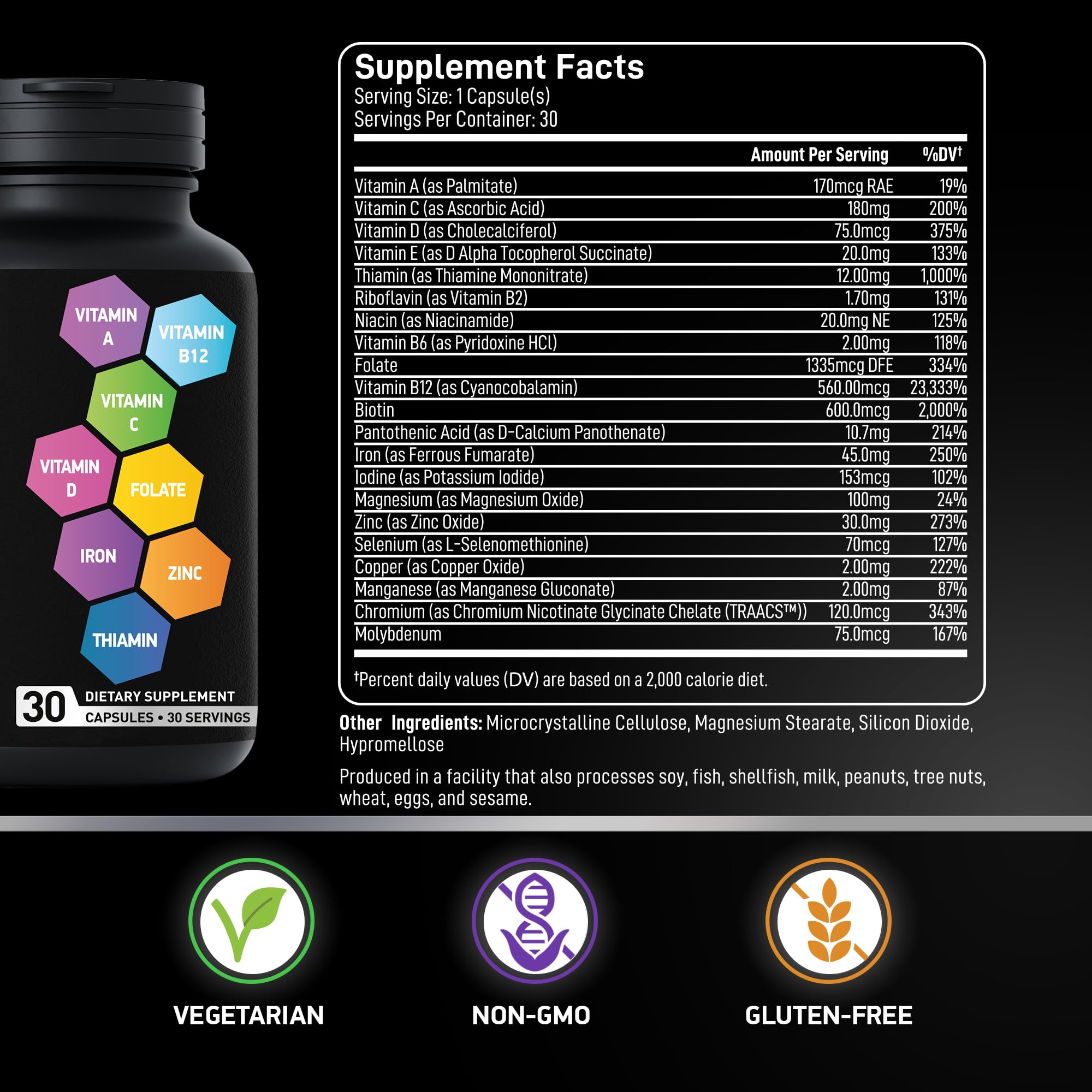 Graphic listing 21 active ingredients in the bariatric vitamin