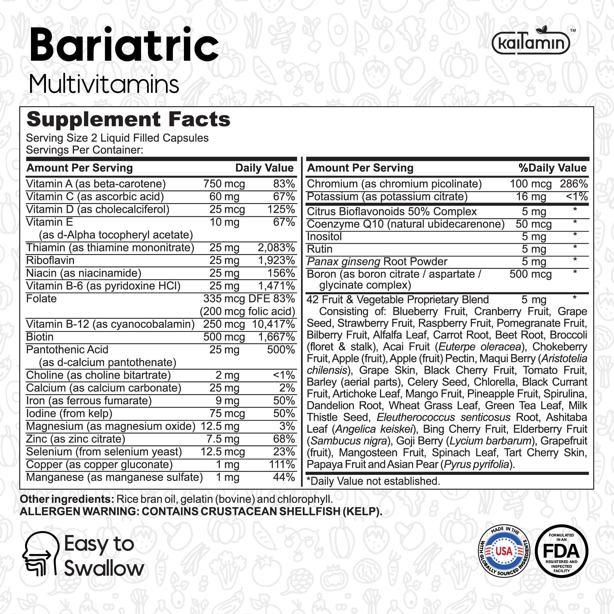 Nutrition facts panel for bariatric vitamin with iron