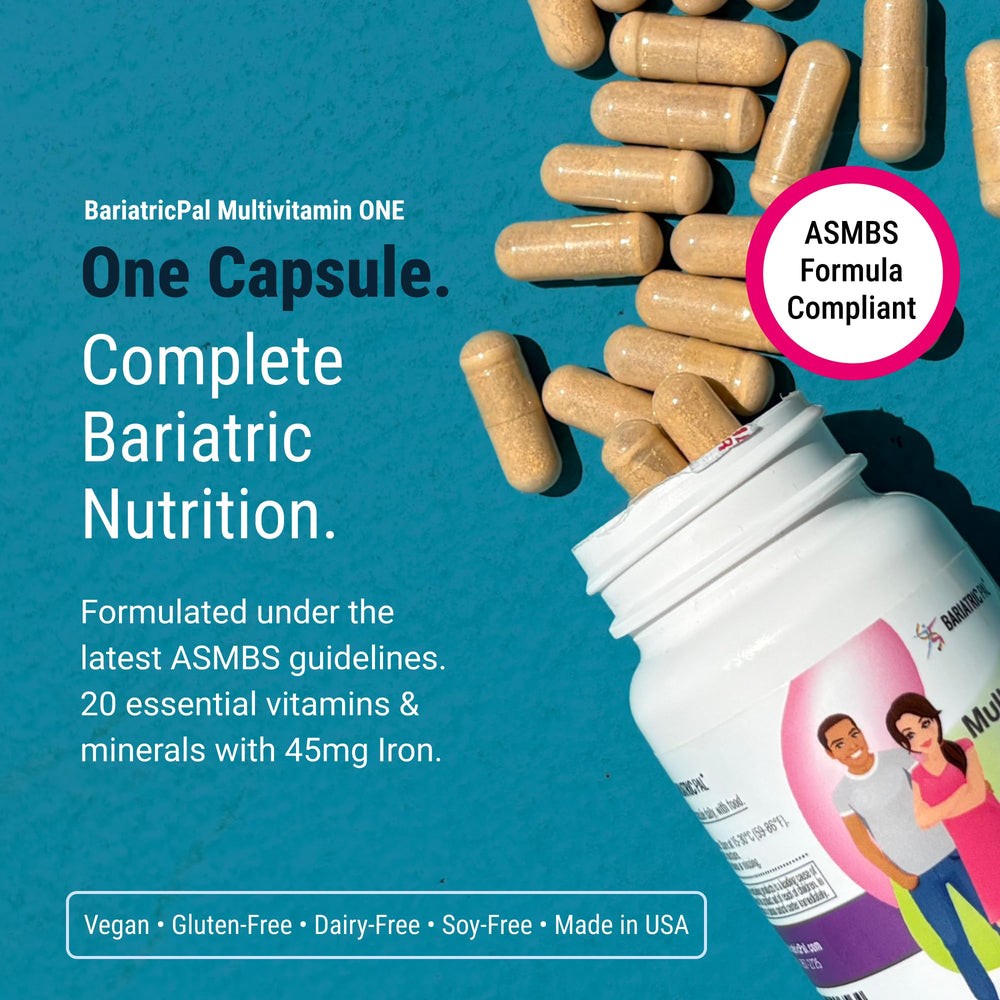 Close-up of BariatricPal Multivitamin ONE easy-to-swallow capsule