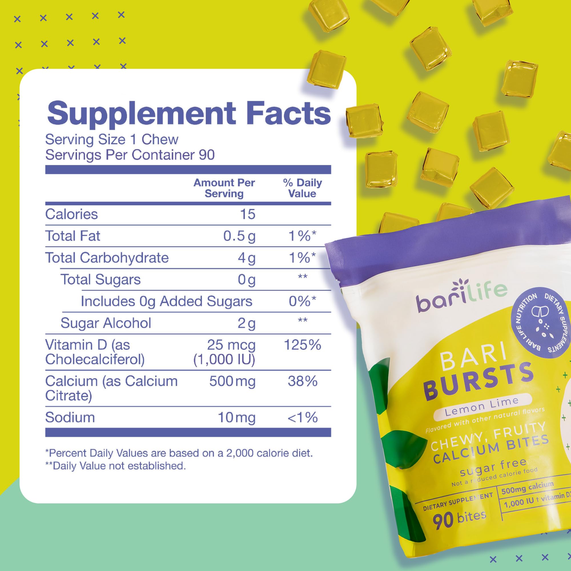 Lemon lime BariBurst sugar-free bites scattered on surface