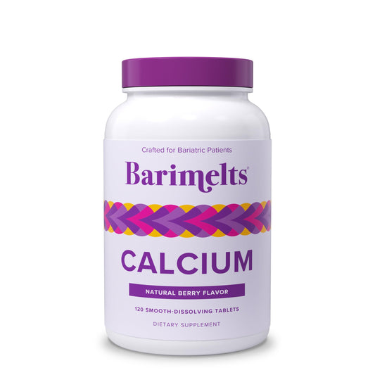 Barimelts calcium citrate bottle with 120 smooth-dissolving tablets in natural berry flavor