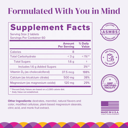 Barimelts calcium citrate with vitamin D3 and magnesium berry flavor close-up tablet image