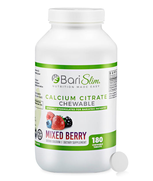 BariSlim bariatric calcium citrate 500 mg per serving with mixed berry flavor and vitamin D