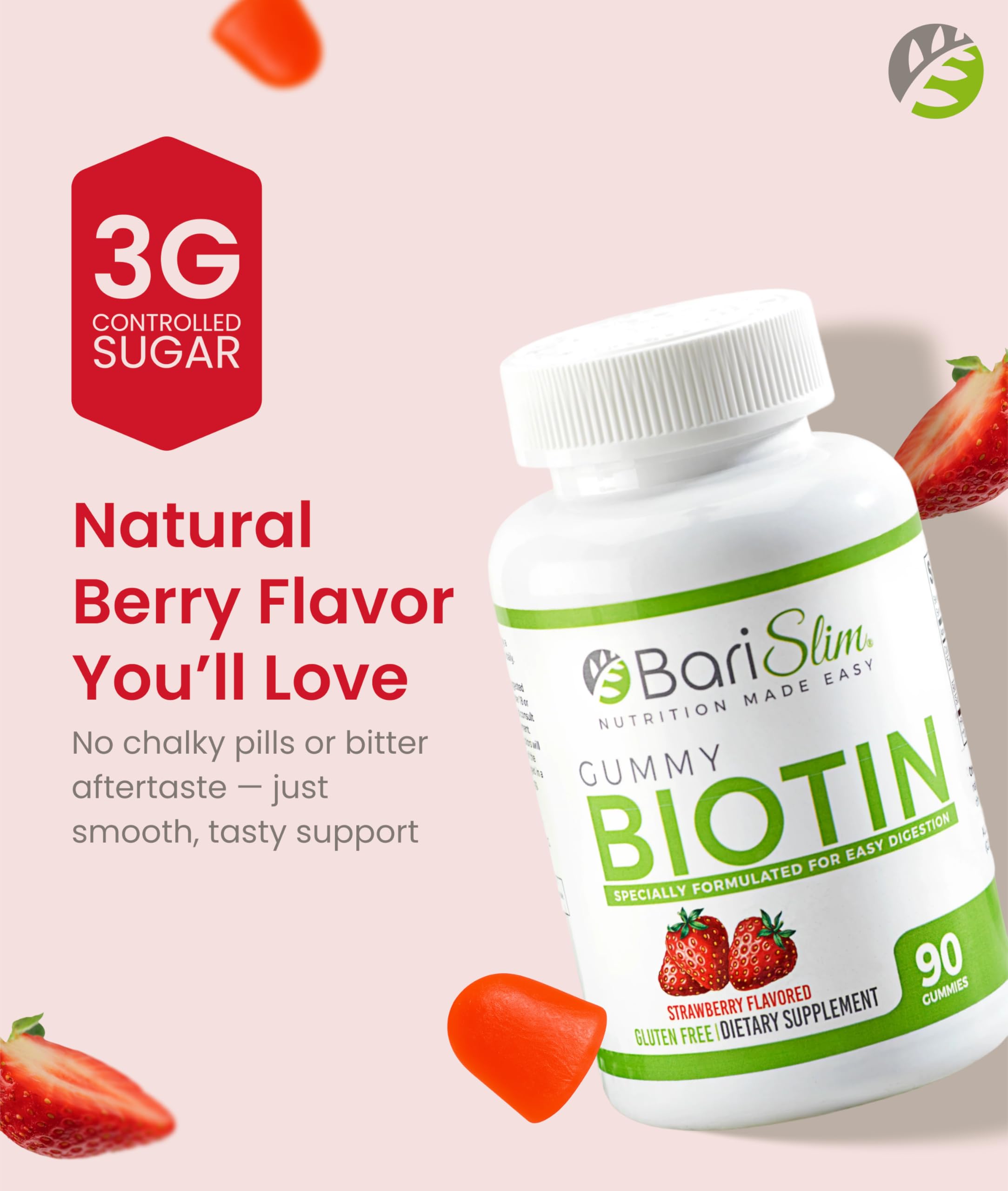 BariSlim Biotin Gummies packaging with allergen-free and vegan icons