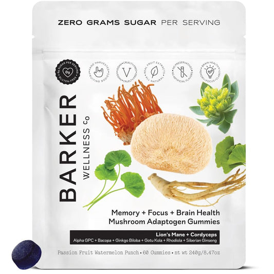 Front view of Barker Wellness Mushroom Adaptogen Gummies packaging