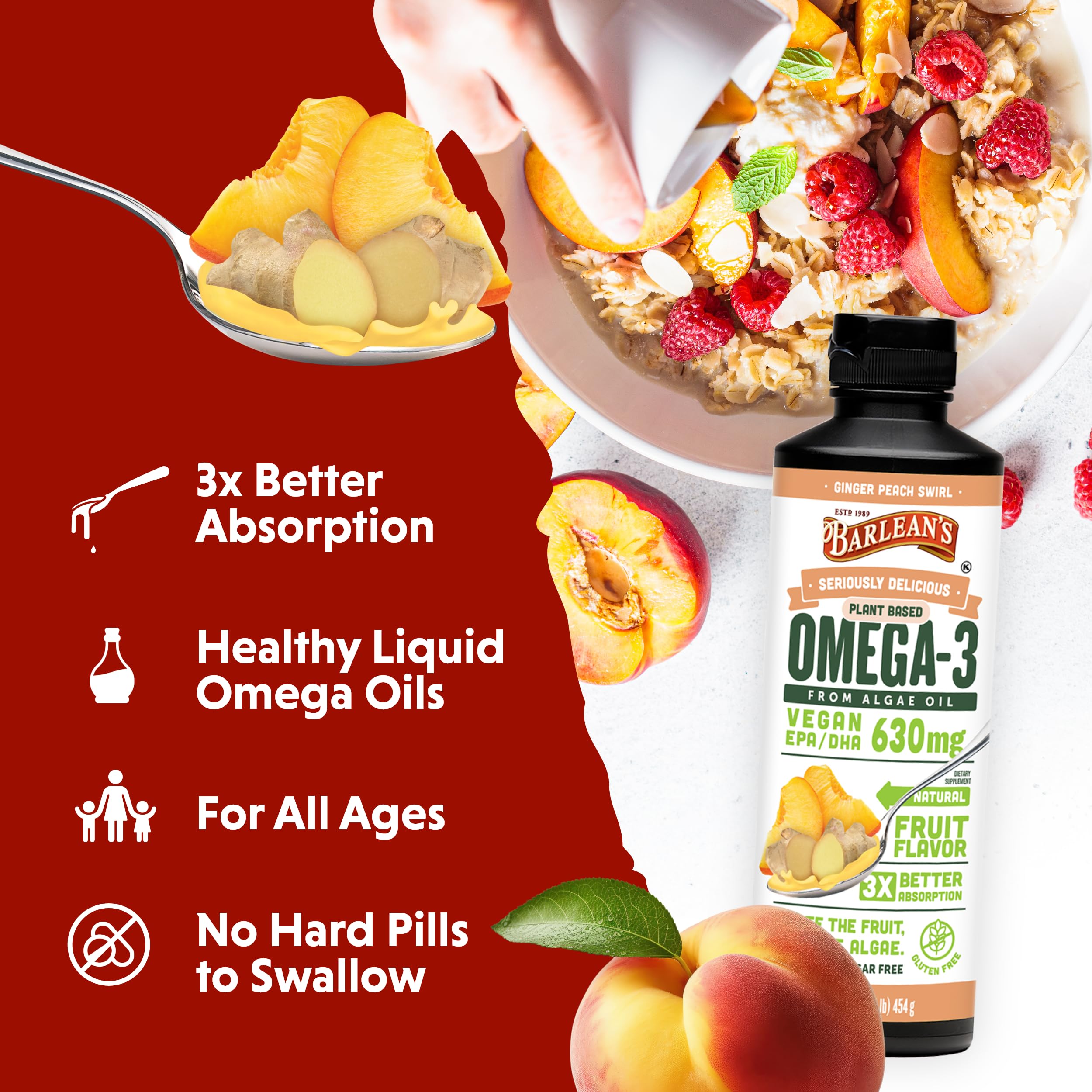 Barlean's algae oil packaging indicating Non-GMO and gluten-free