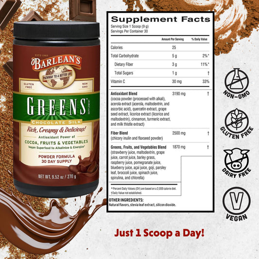 Barlean's Chocolate Greens powder label