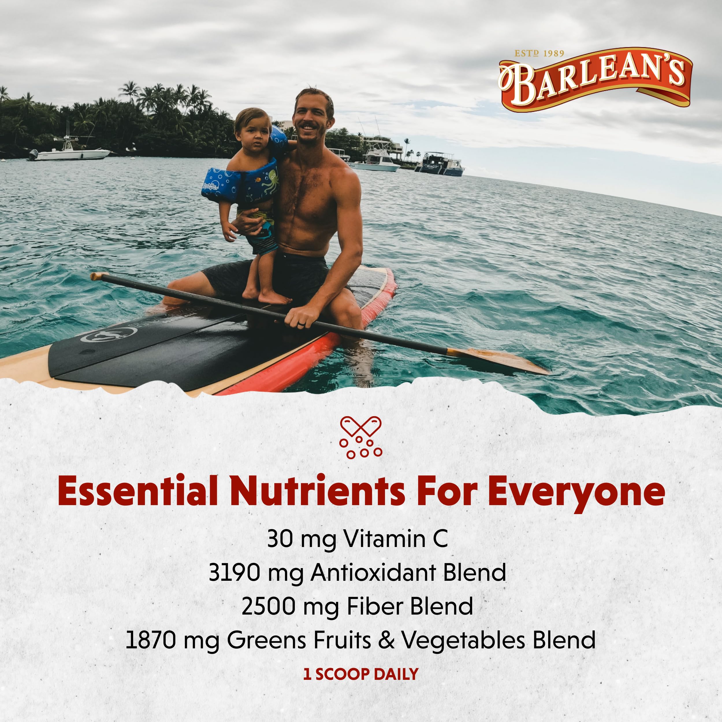 Nutrition facts for Barlean's Chocolate Greens Powder