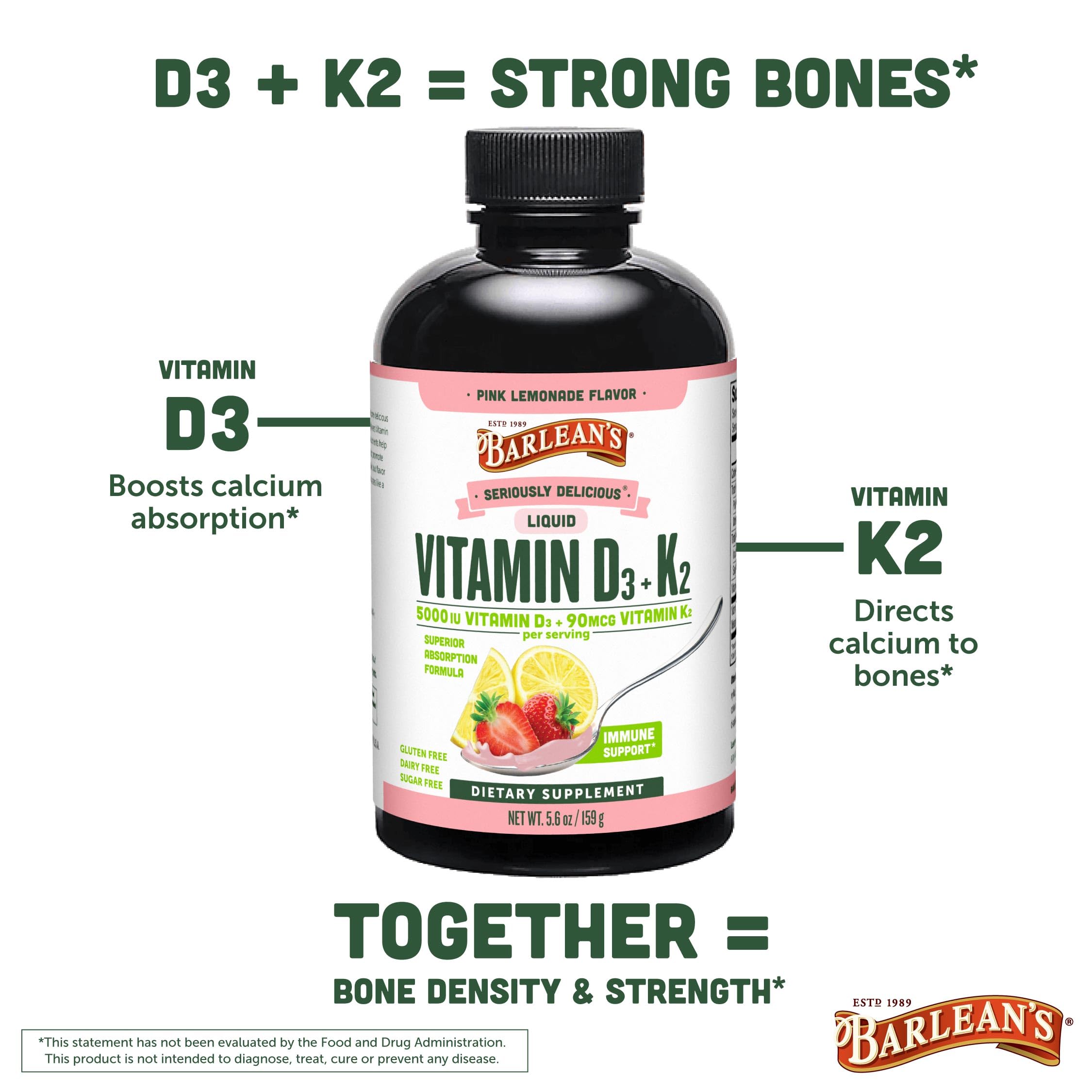 Ingredients panel for Barlean's D3+K2 liquid Pink Lemonade