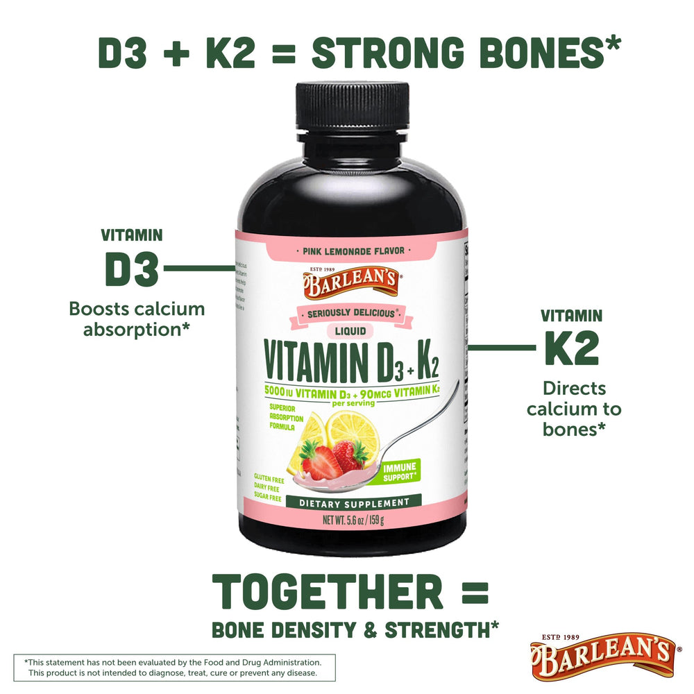 Ingredients panel for Barlean's D3+K2 liquid Pink Lemonade