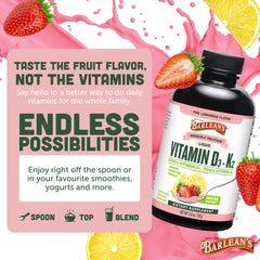 Barlean's D3+K2 liquid Pink Lemonade bottle packaging