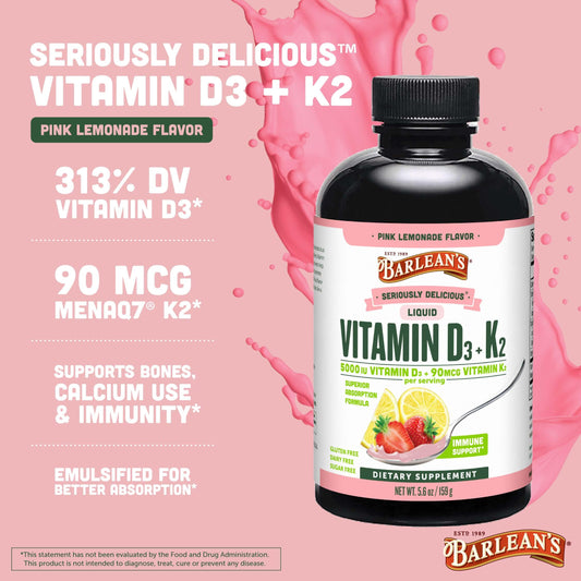 Barlean's D3+K2 liquid Pink Lemonade bottle back label with nutrition facts