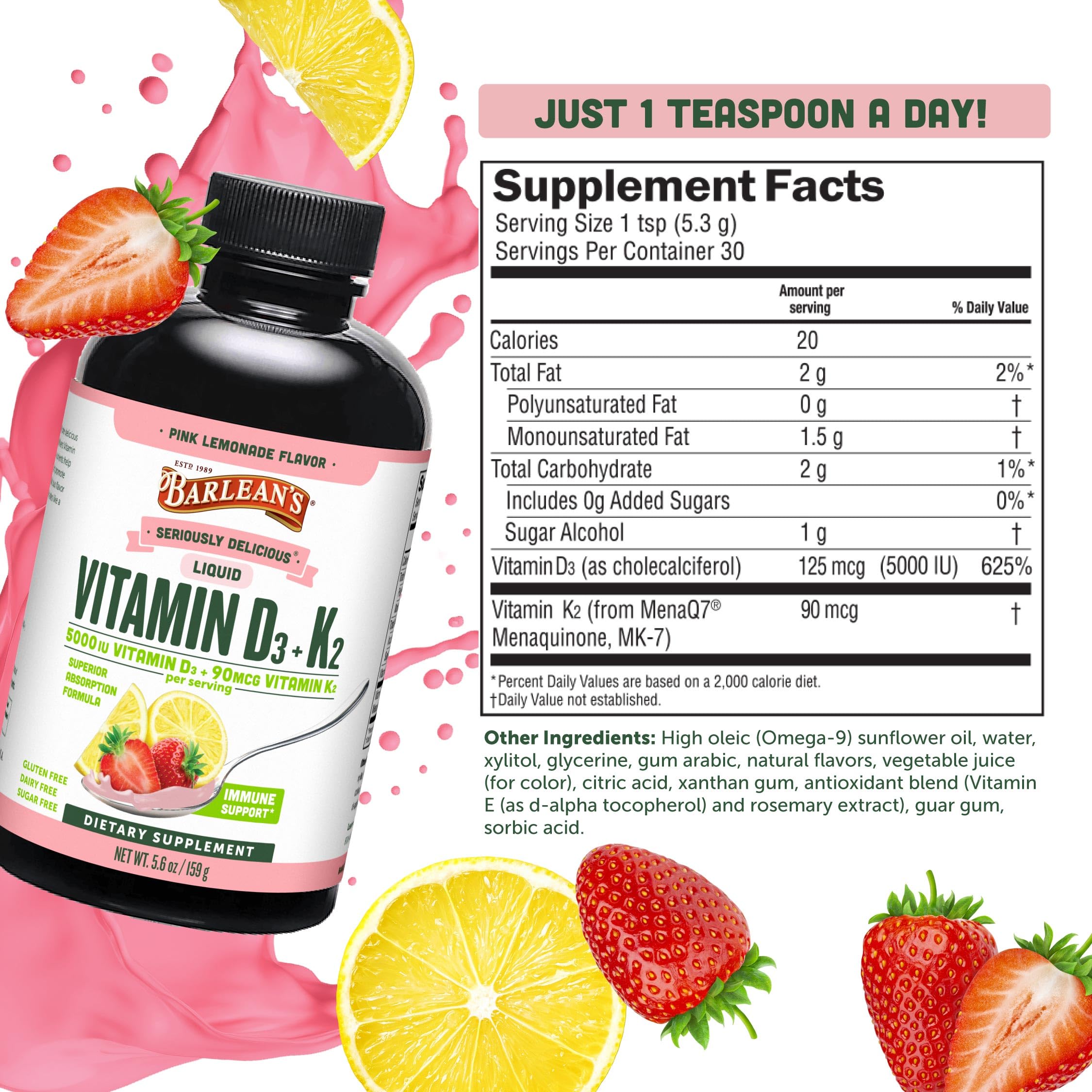 Lifestyle image featuring Barlean's D3+K2 liquid Pink Lemonade product